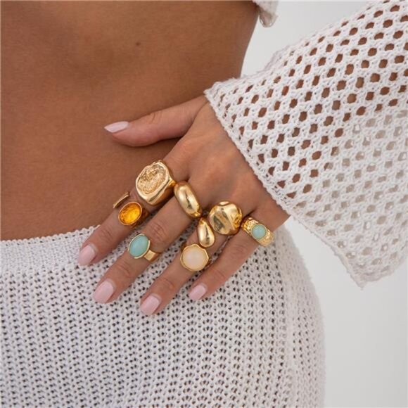 Vintage Boho Statement Ring Set – 6-8 Stackable Gold-Tone Rings - Picture 2 of 5